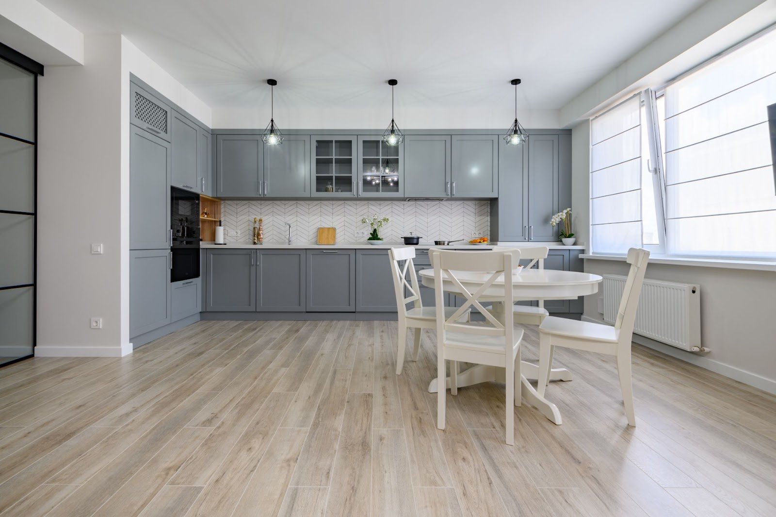 Kitchen with new floors.
